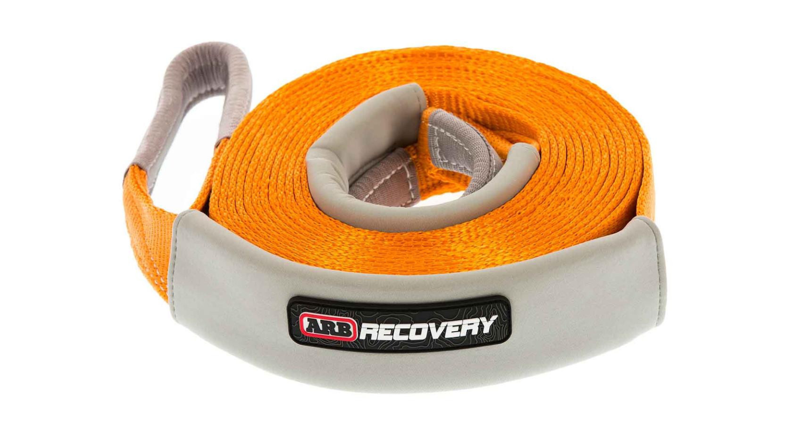 Close-up of a coiled ARB snatch strap with reinforced loop ends