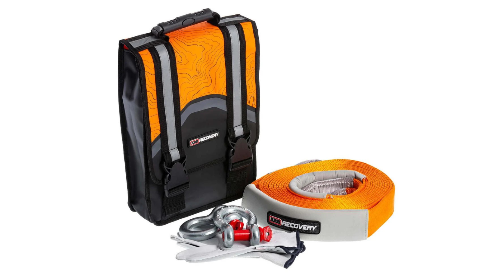 ARB Weekender Recovery Kit contents laid out: recovery bag, snatch strap, shackles, and gloves